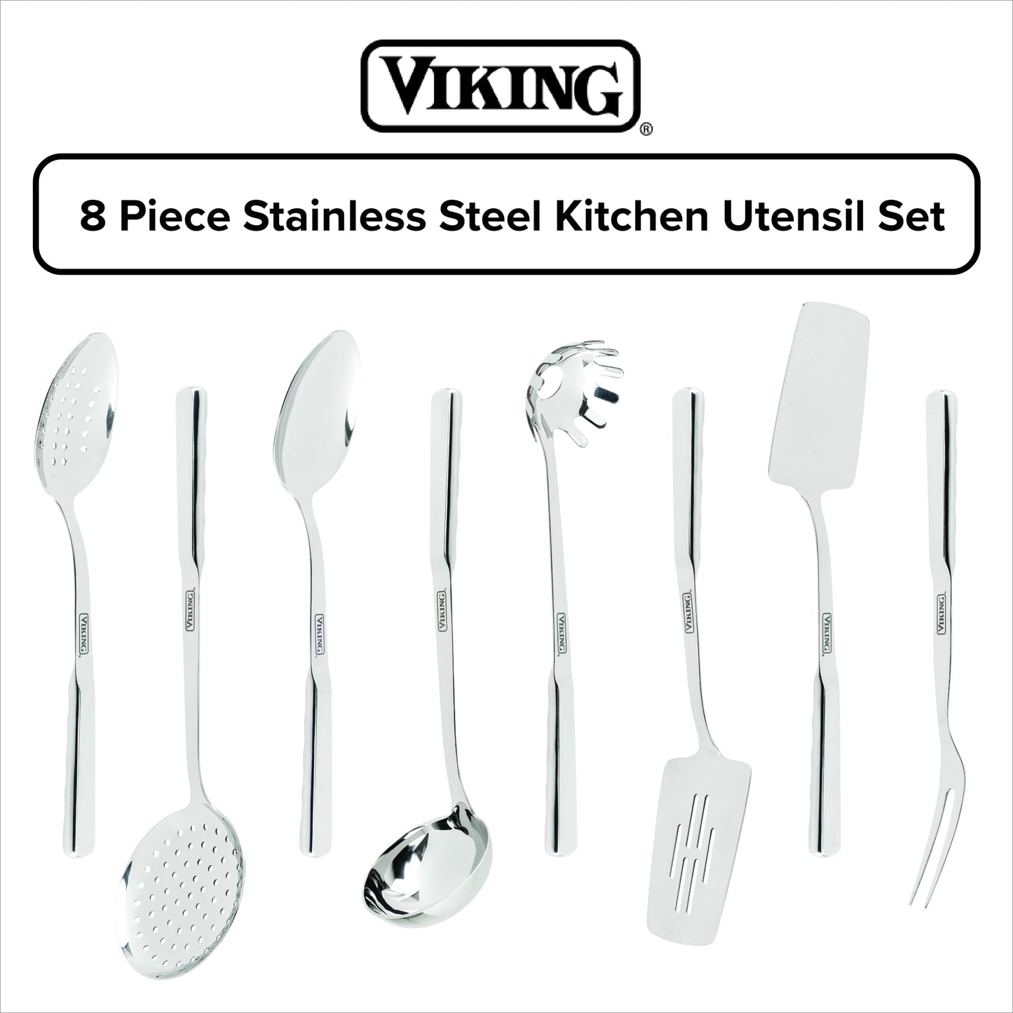 Viking Kitchen Utensils Set, 8 Piece Stainless Steel Cooking Utensil Set, Includes Spatulas, Spoons, Pasta Fork, Deep Ladle, Meat Fork, and Skimmer, Silver