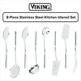 Viking Kitchen Utensils Set, 8 Piece Stainless Steel Cooking Utensil Set, Includes Spatulas, Spoons, Pasta Fork, Deep Ladle, Meat Fork, and Skimmer, Silver Viking