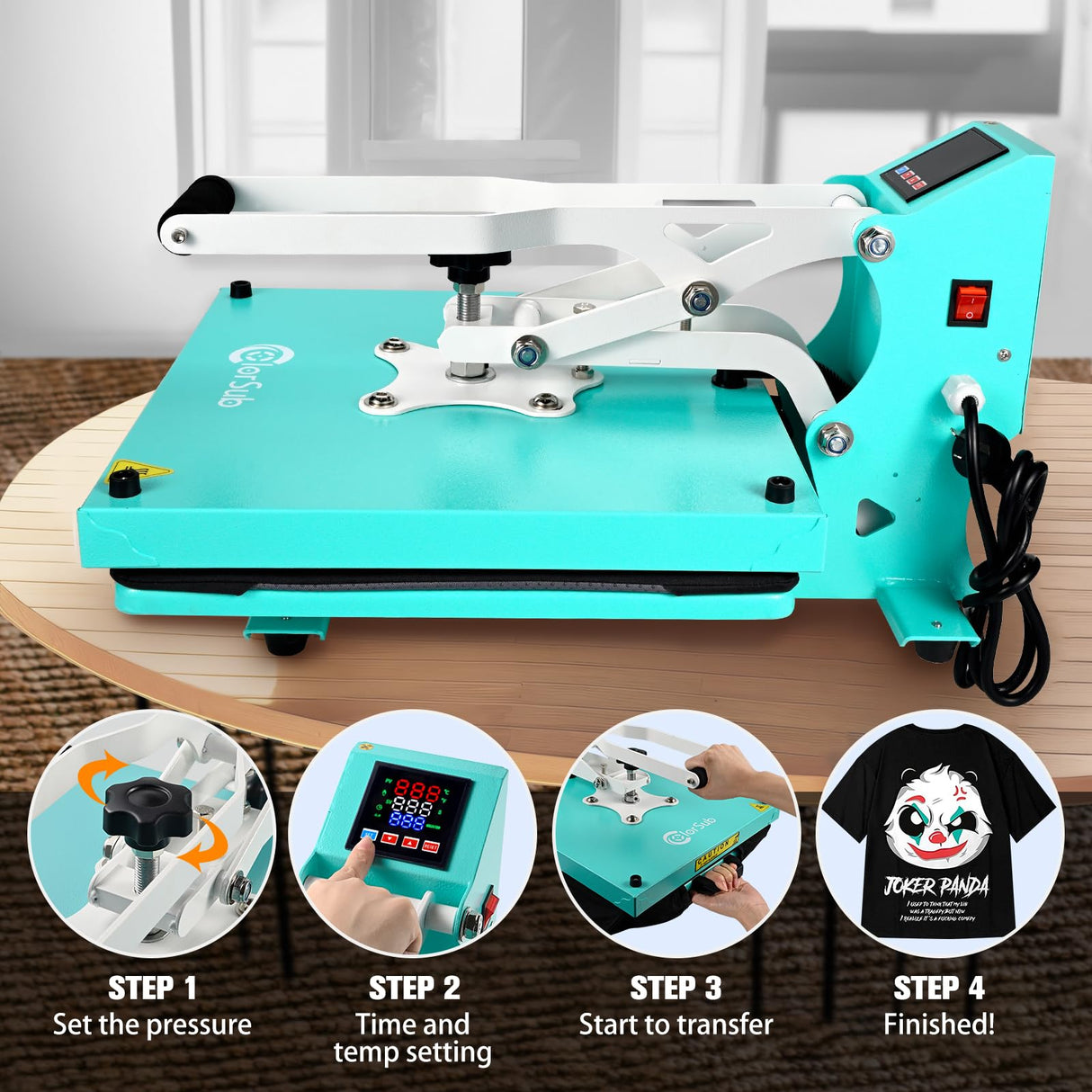 ColorSub Heat Press Machine for T-Shirt 15x15, Digital Industrial Quality Heat Press Machine Clamshell Transfer Sublimation Print Press Machine Teal ColorSub