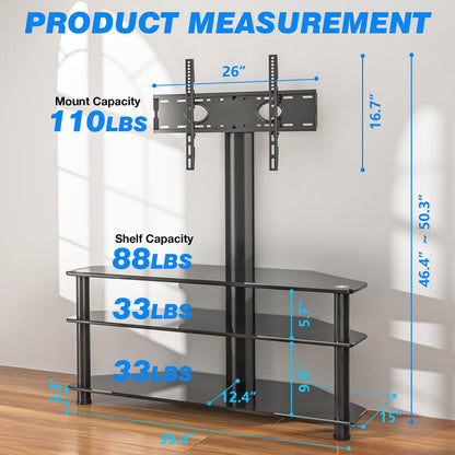 Rfiver Corner Swivel Glass TV Stand with Mount for 32-70 Inch Screen TV up to 110lbs, Height Adjustable Corner TV Stand with Mount, Entertainment Center with TV Mount and 3-Tier Storage for AV Media