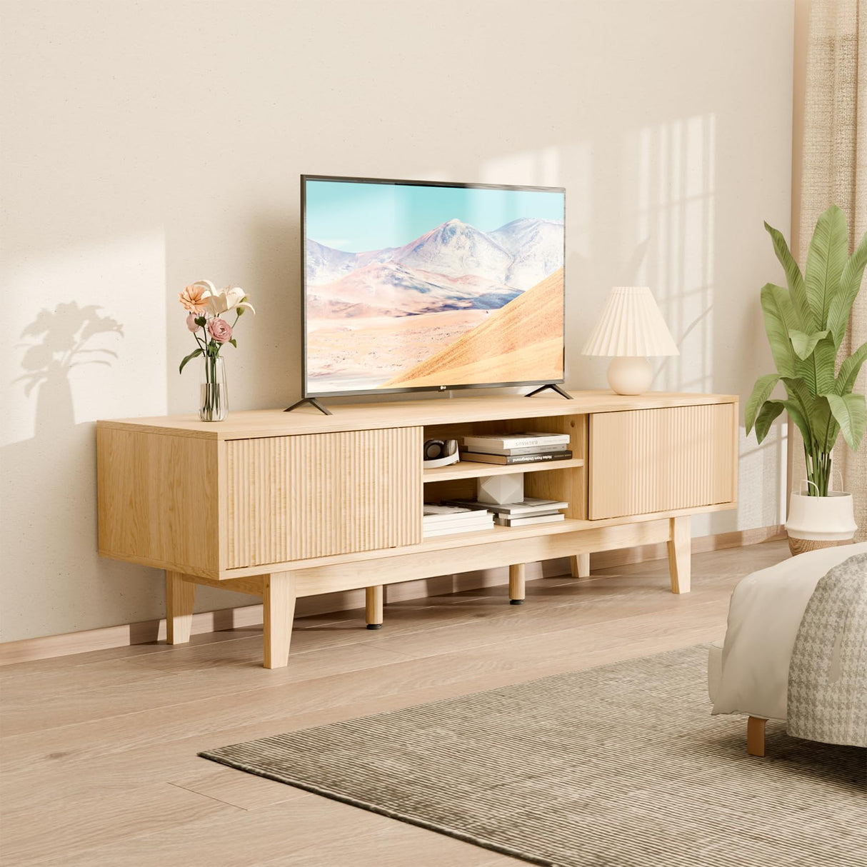 59" Mid-Century Modern TV Stand with Fluted Sliding Doors - Solid Wood Entertainment Center for 55/60/65 Inch TV, Adjustable Shelves, Boho Farmhouse Media Console for Living Room, Bedroom & Office.Oak SEALAMB