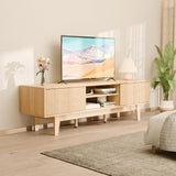 59" Mid-Century Modern TV Stand with Fluted Sliding Doors - Solid Wood Entertainment Center for 55/60/65 Inch TV, Adjustable Shelves, Boho Farmhouse Media Console for Living Room, Bedroom & Office.Oak SEALAMB