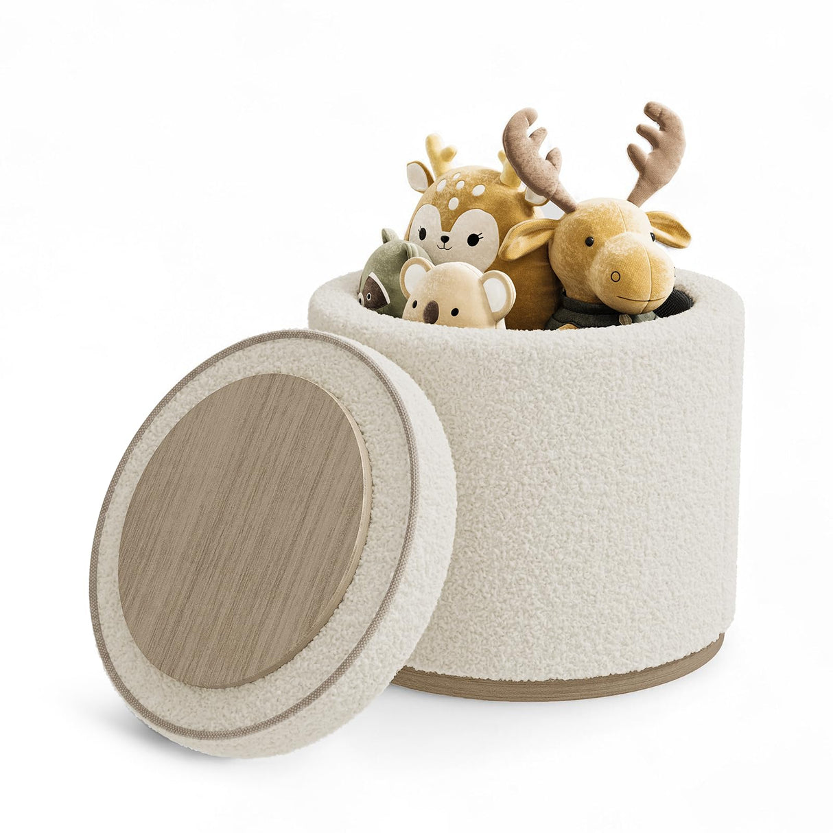 ONBRILL Round Ottoman with Storage, Ottoman Foot Rest, Boucle Small Ottoman, Foot Stool, Vanity Stool, Upholstered Sherpa Ottoman Support 250 lbs for Living Room, Bedroom, White ONBRILL