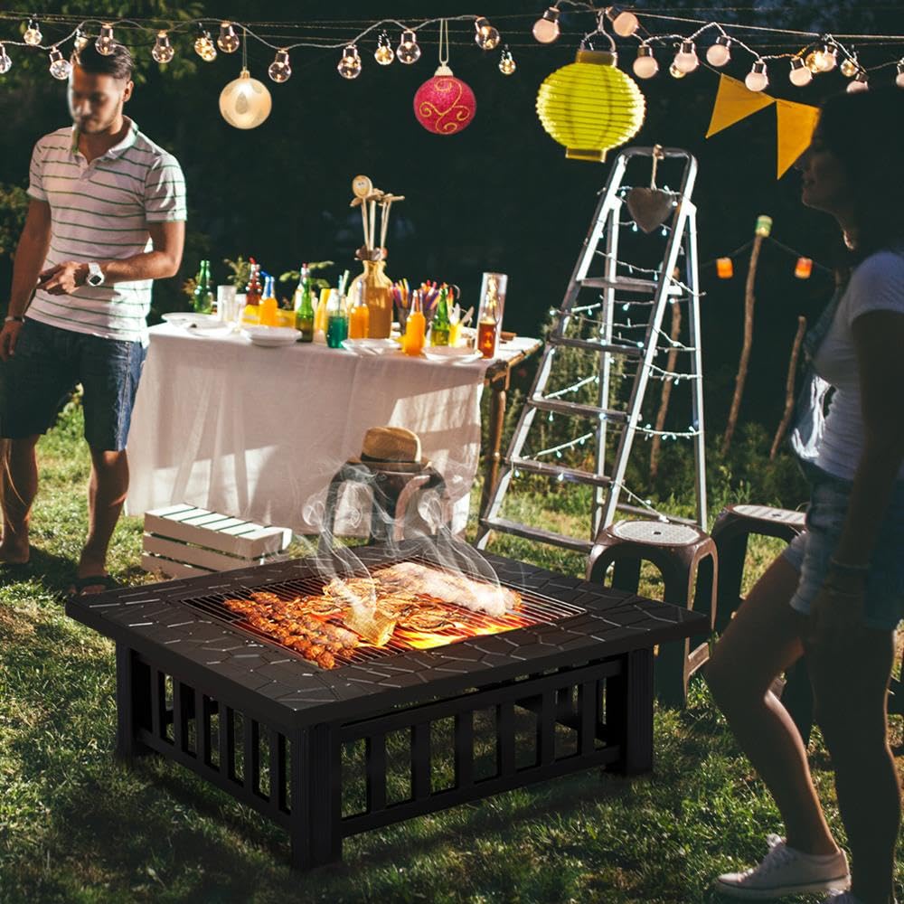 Yaheetech Multifunctional Fire Pit Table 32in Square Metal Firepit Stove Backyard Patio Garden Fireplace for Camping, Outdoor Heating, Bonfire and Picnic Yaheetech
