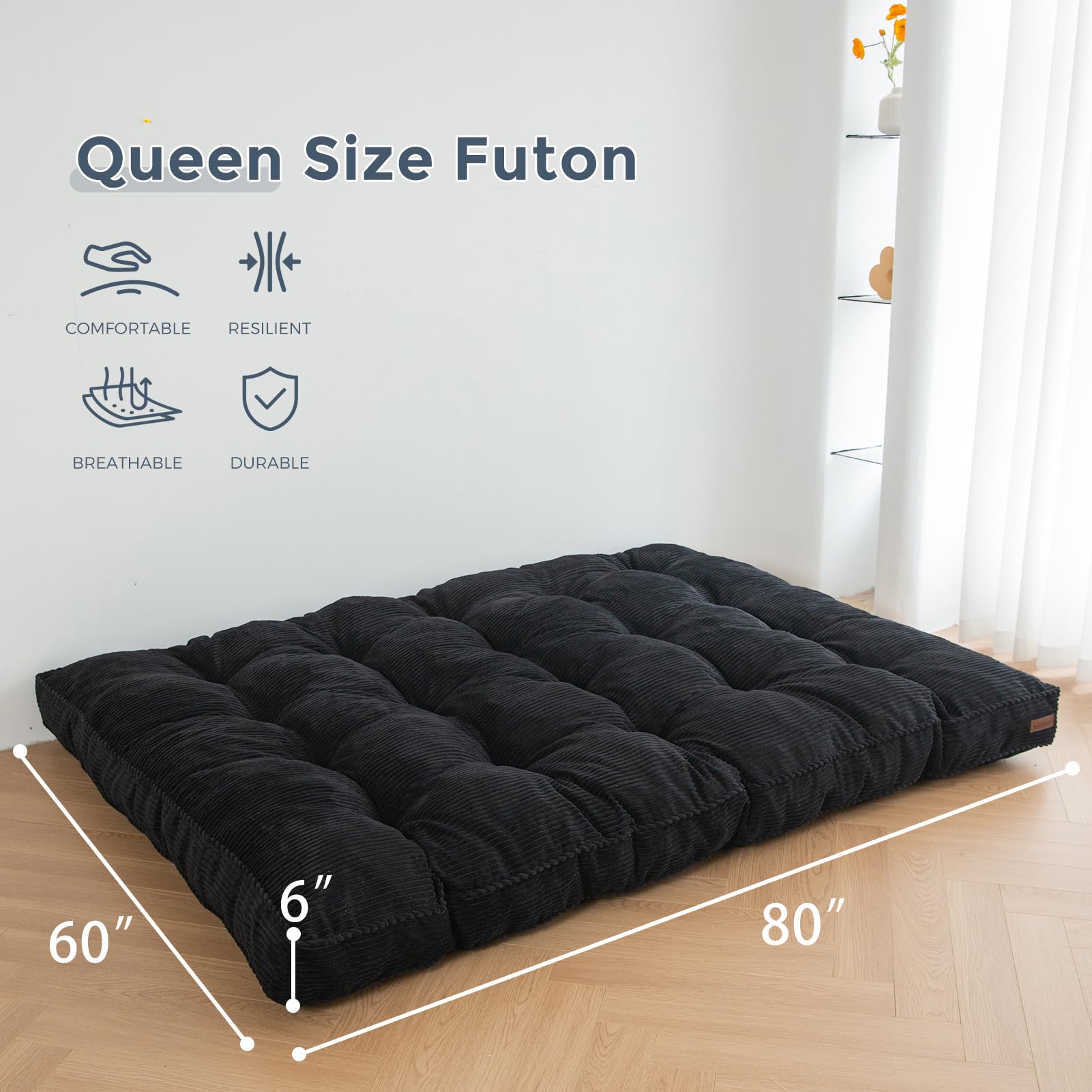 MAXYOYO 6" Futon Mattress Queen Size, Tufted Futons Sofa Couch Bed with Twisted Rope Design Edging, Thick Corded Fabric Floor Mattress for Adults, Shredded Foam Filling (Frame Not Included),  - WoodArtSupply