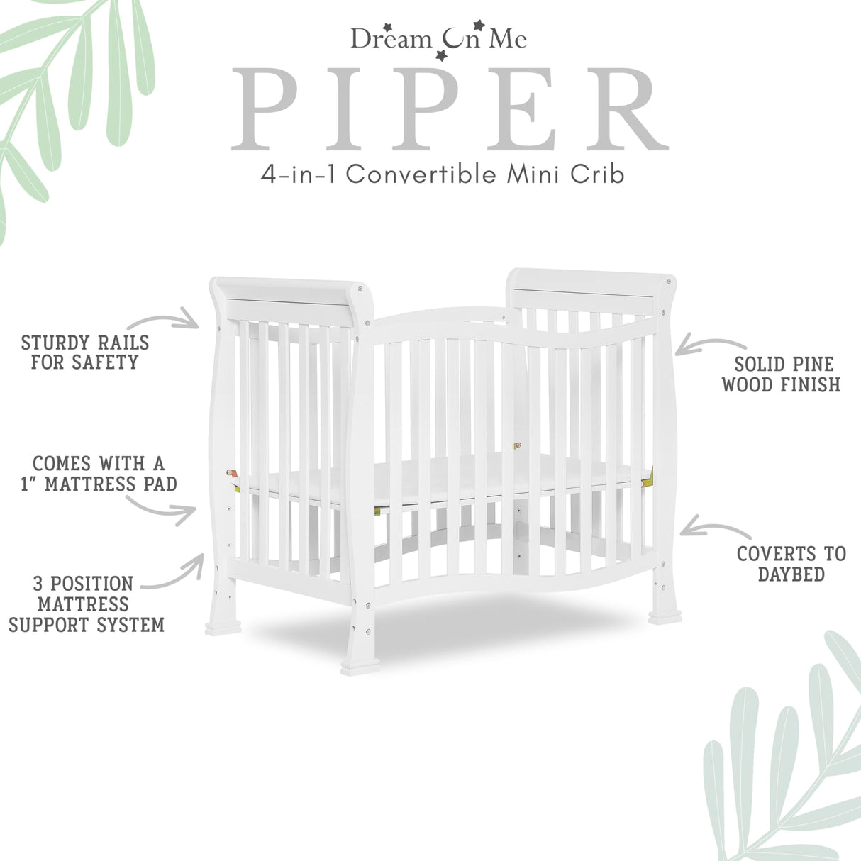 Dream On Me Violet 4-In-1 Convertible Mini Crib In White, Greenguard Gold Certified, JPMA Certified, 3 Position Mattress Height Settings, Non-Toxic Finish Dream On Me