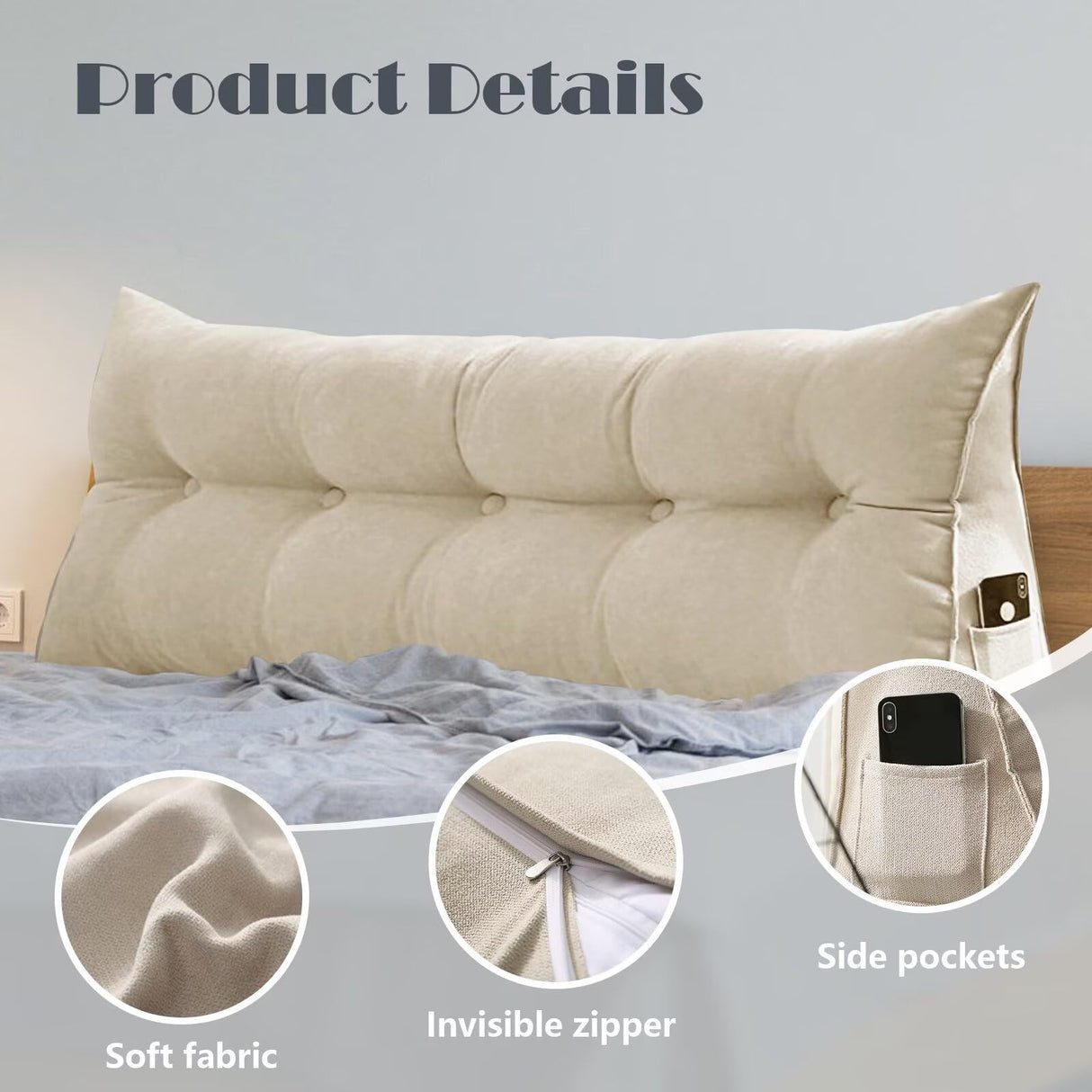 Triangular Wedge Headboard Pillow Twin Dorm for Headboard Daybeds Bunk Beds Reading Bed Rest Pillows with Side Pocket Large Bolster Backrest Cushion with Detachable Cover ,Navy Blue,39*10*20in UUluhao