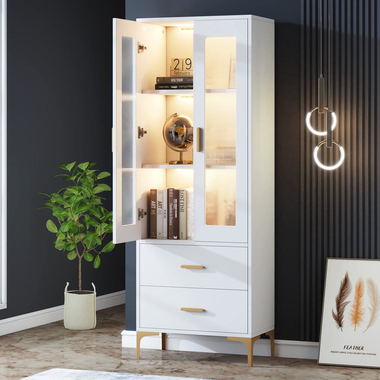 Tribesigns White Bookcase with LED Light and Drawers - Versatile Tall Storage Cabinet Tribesigns