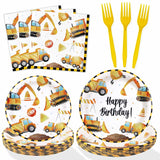 Construction Theme Birthday Party Decorations Plates Set 25 Guests,100 Pcs Plates Napkins Forks Boys Kids Construction Excavator Birthday Party Supplies Heboland