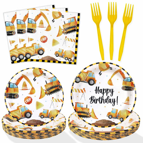 Construction Theme Birthday Party Decorations Plates Set 25 Guests,100 Pcs Plates Napkins Forks Boys Kids Construction Excavator Birthday Party Supplies Heboland