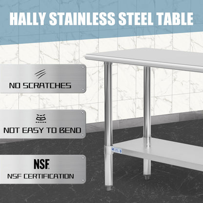 HALLY Stainless Steel Table for Prep & Work 18 x 72 Inches, NSF Commercial Heavy Duty Table with Undershelf and Galvanized Legs for Restaurant, Home and Hotel - WoodArtSupply