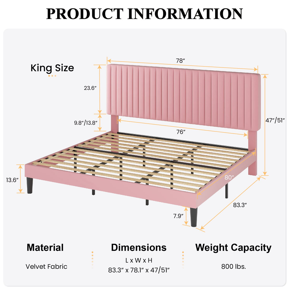 SHA CERLIN King Upholstered Platform Bed Frame with Adjustable Headboard/Vertical Channel Tufted Velvet Fabric/Wooden Slats Support/Mattress Foundation/Box Spring Optional/Pink SHA CERLIN