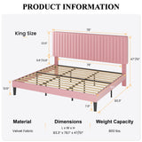 SHA CERLIN King Upholstered Platform Bed Frame with Adjustable Headboard/Vertical Channel Tufted Velvet Fabric/Wooden Slats Support/Mattress Foundation/Box Spring Optional/Pink SHA CERLIN