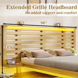 Albott Natural Oak Floating Bed Frame with Extended Headboard, LED Lights, and Integrated Charging Station Albott