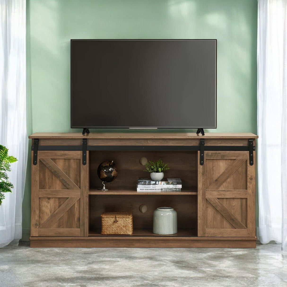 Homy Casa TV Stand for 65'' TV, Sliding Barn Door Modern & Farmhouse Wood Entertainment Center, Mid Century Storage Cabinet Table for Living Room with Adjustable Shelves, Natural Brown Homy Casa