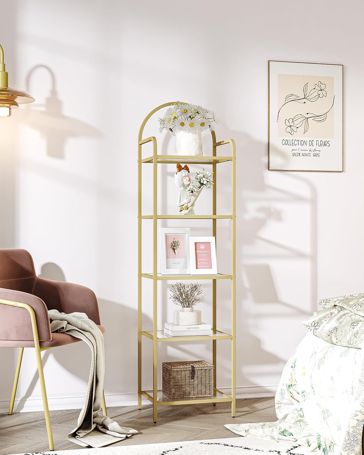 Hzuaneri Bookcase Bookshelf, Tempered Glass Bookshelves, Slim Shelving Unit for Bedroom, Bathroom, Home Office, Steel Frame, 6 Tier Gold BC10601G Hzuaneri