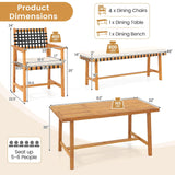 Tangkula 6 Piece Patio Dining Set for 5-6 People, 63” Outdoor Acacia Wood Table with 1.97” Umbrella Hole & Bench & 4 Cushioned Armchairs, for Deck Yard and Poolside Tangkula