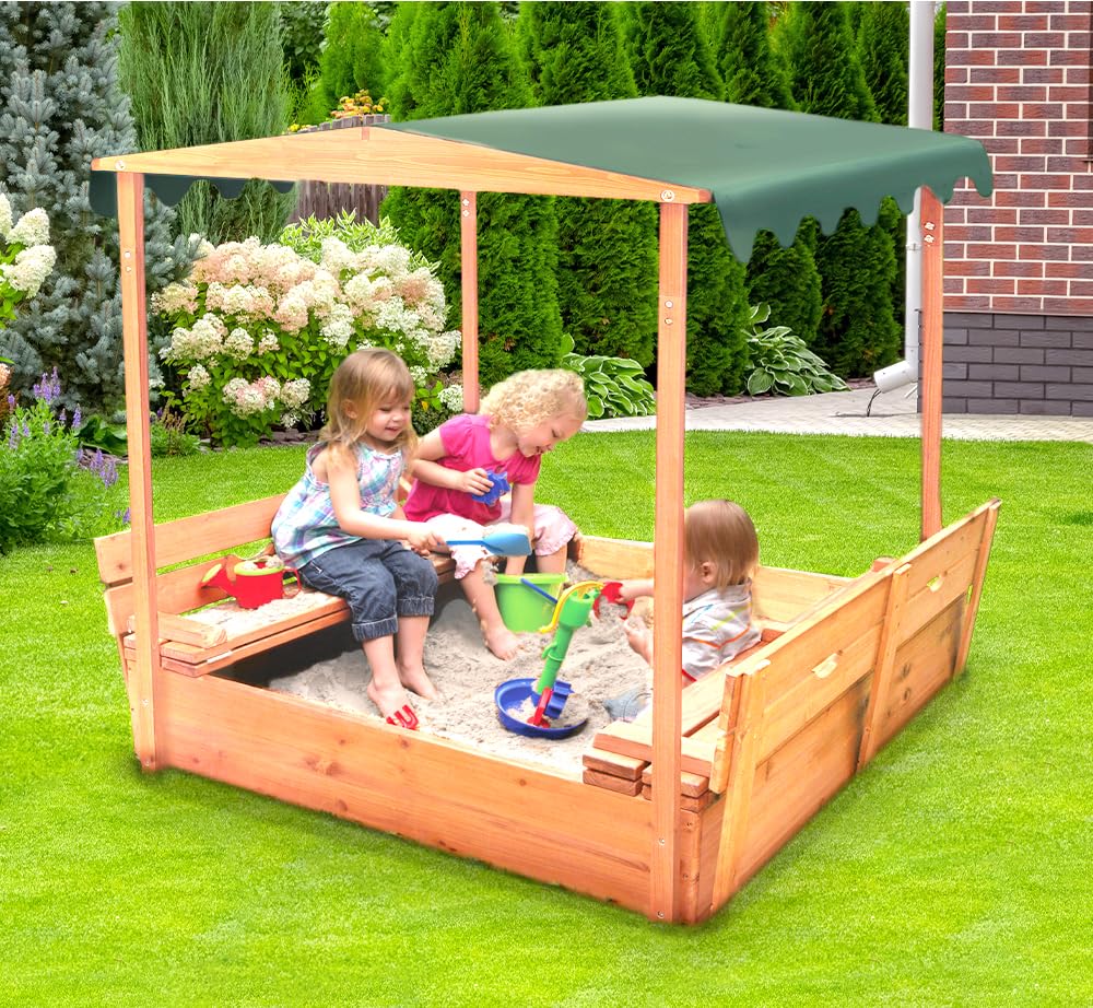 Badger Basket Covered Convertible Cedar Sandbox with Canopy and Bench Seats Badger Basket
