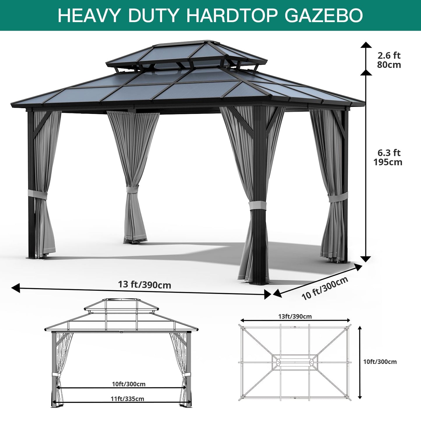 GAOMON 10x13ft Hardtop Gazebo, Outdoor Polycarbonate Double Roof Canopy, Aluminum Frame Permanent Garden Tent with Curtains and Netting for Patio, Lawns (Gray)