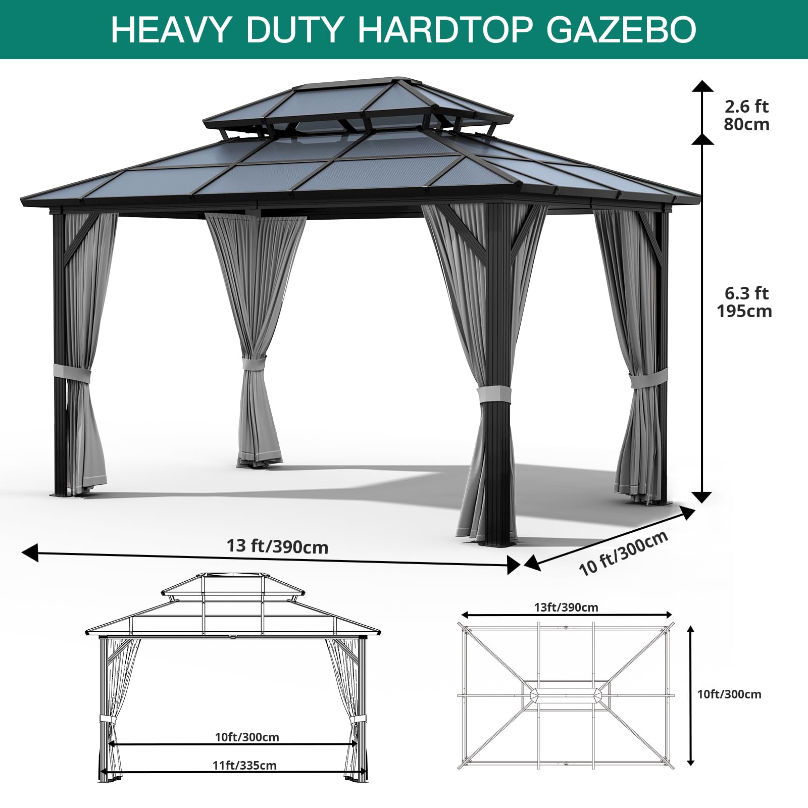 Petyee 10'x13' Gazebo, Hardtop Outdoor Polycarbonate Double Roof Canopy, Aluminum Frame Permanent Pavilion with Curtains and Netting, Sunshade for Garden, Patio, Lawns (Gray) - WoodArtSupply