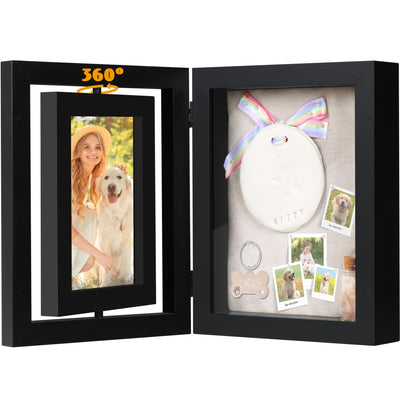 Pet Memorial Shadow Box with Clay Paw Print Impression Kit, Wood Rotating Picture Frame, Dog Memorial Gifts for Cats and Dogs, Personalized Gift Keepsake for Pet Lovers-Black