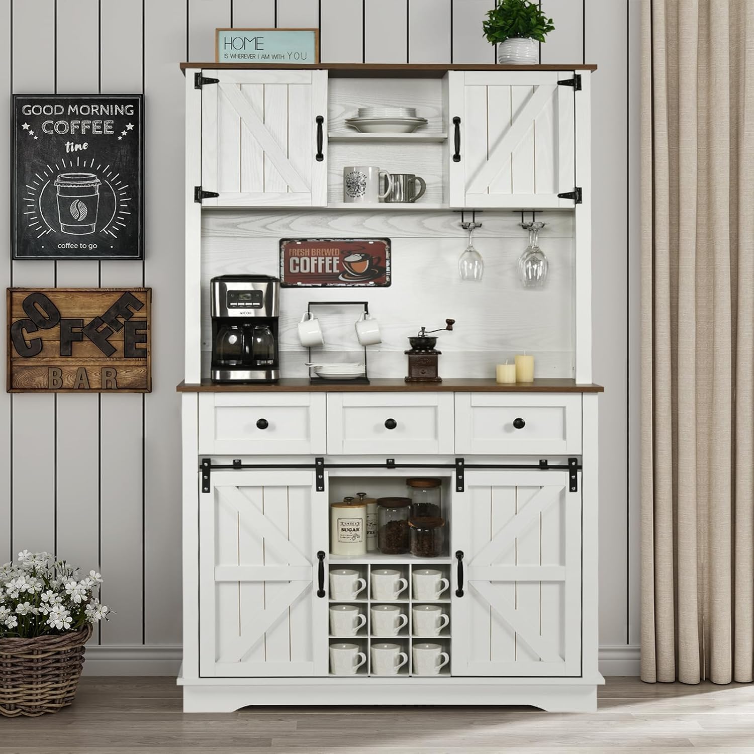 4 EVER WINNER Farmhouse Coffee Bar Cabinet with Sliding Barn Doors, 72” Tall Kitchen Pantry Cabinet with Wine & Glass Rack, Kitchen Hutch Buffet Cabinet with Drawers for Dining Room, White - WoodArtSupply