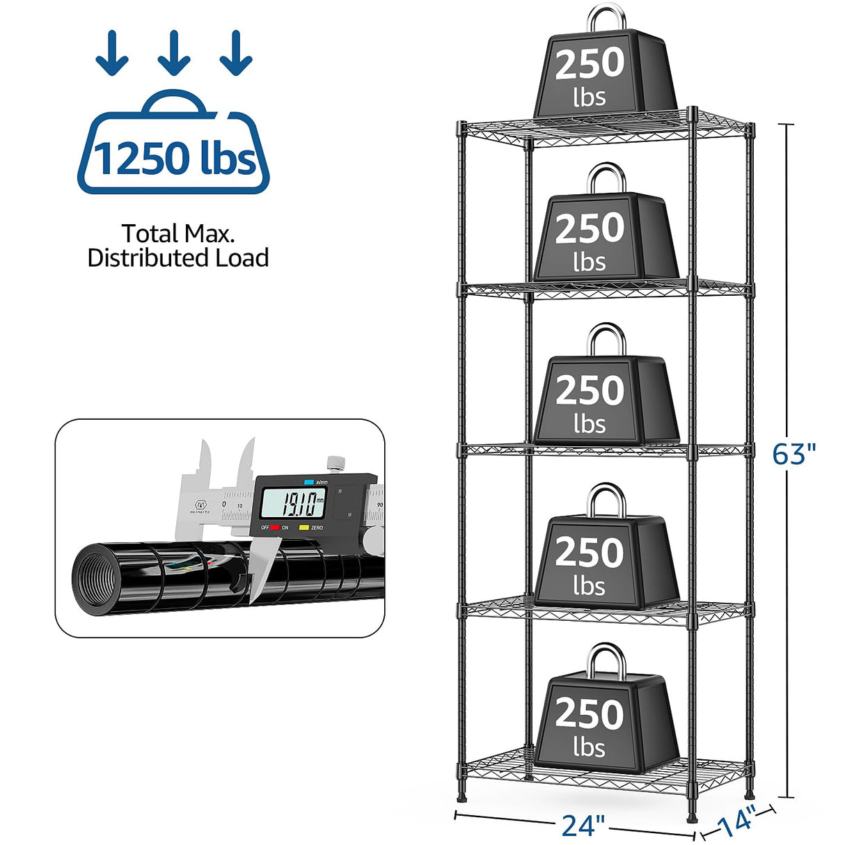 M MZG 1250 lbs 5 Tier Shelf Metal Storage Shelves Wire Rack Closet Organizers with Wheel for Garage Kitchen Bathroom Laundry Black 13.7" D x 23.6" W x 62.4" H M MZG