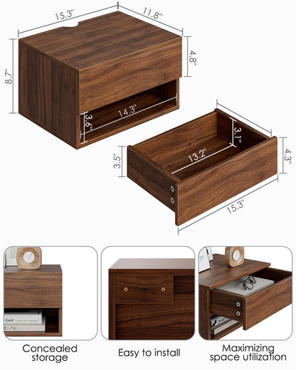 Aobafuir Floating Nightstand, Small Modern Floating Nightstand with Drawer, Floating Shelves for Bedroom, Bathroom,Brown Walnut