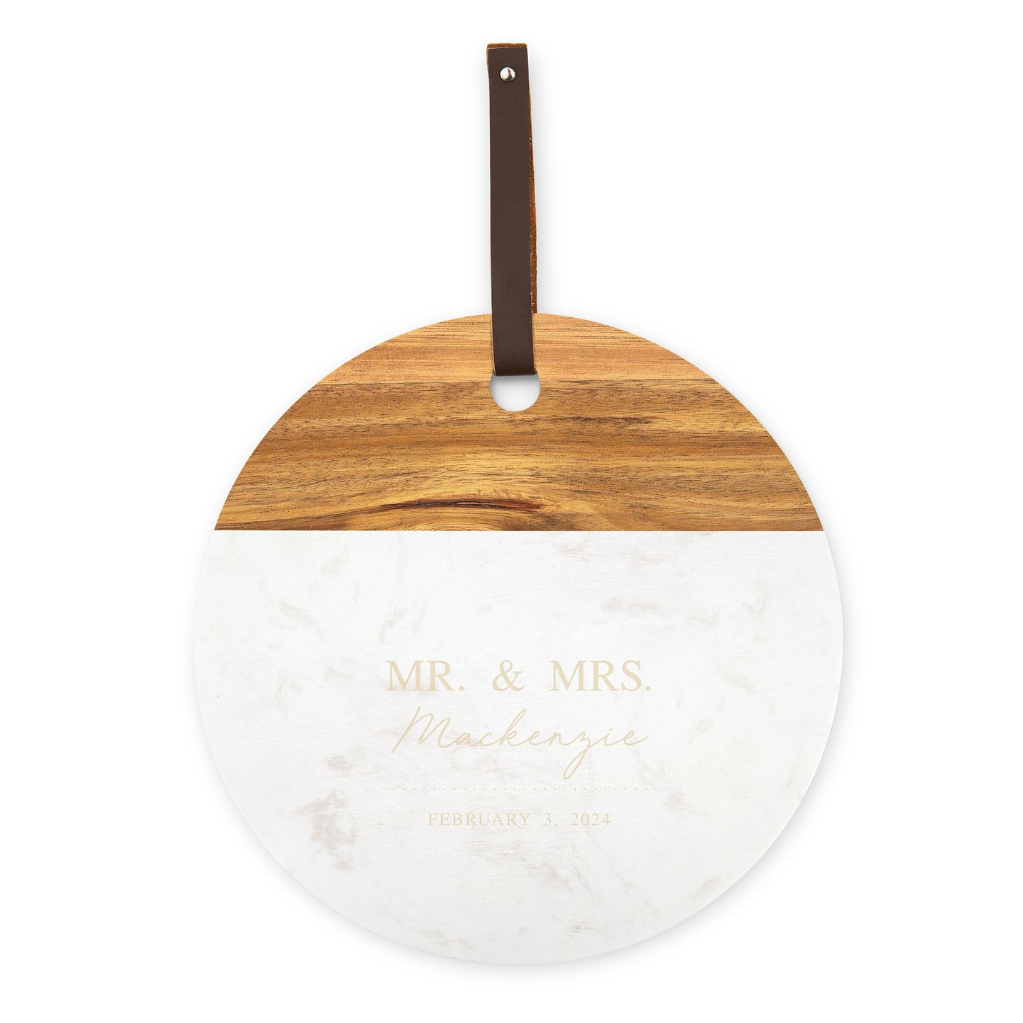 Weddingstar Custom Engraved Circular Wooden Acacia Plank & Marble Cutting Board Serving Tray - Mr. & Mrs. - WoodArtSupply