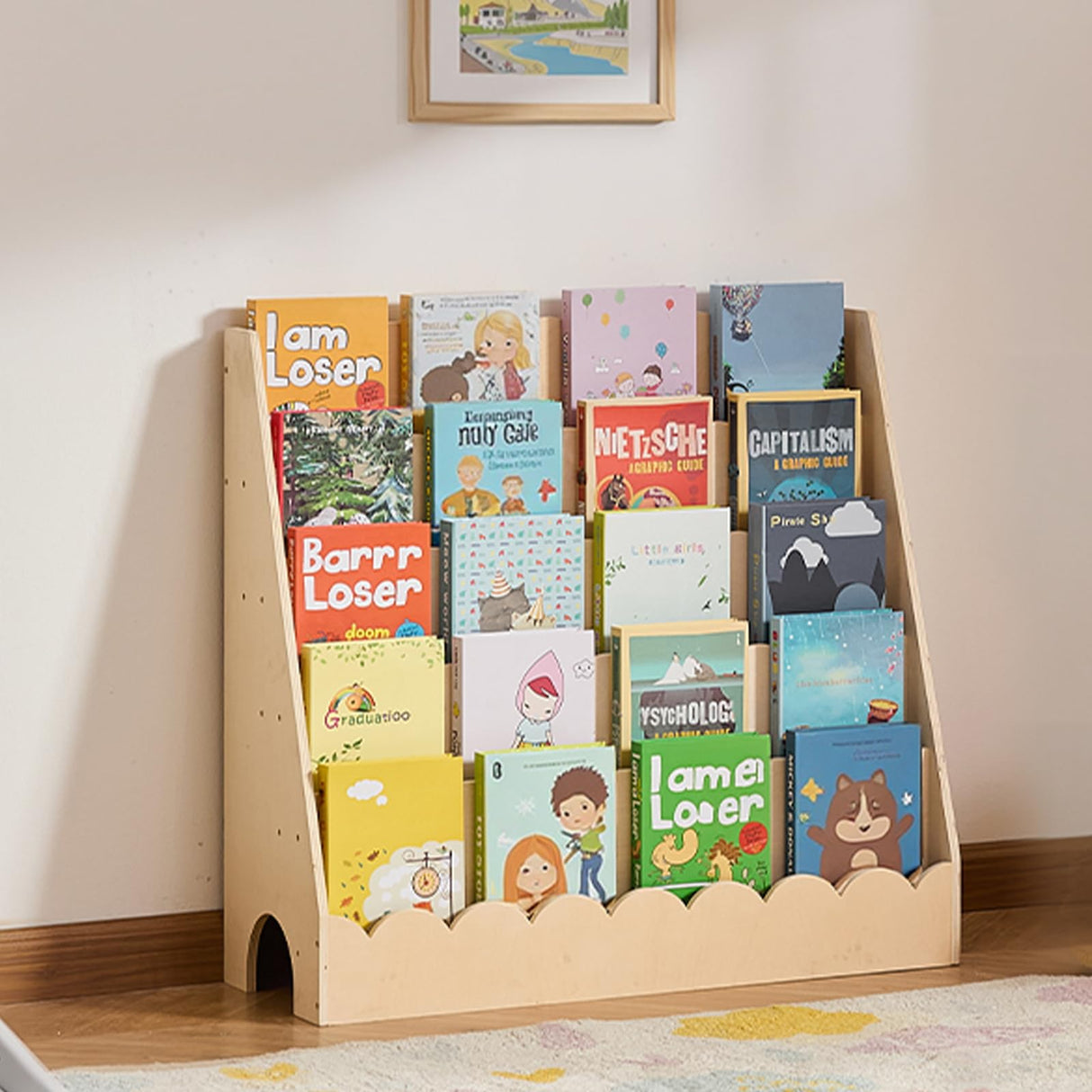 VEVOR 5-Tier Montessori Bookshelf, Scalloped Kids Bookcase, Wooden Book Shelf with 2 Dual Hooks, Daycare Furniture Display Bookshelf for Bedroom, Living Room, Entryway, Nursury, Preschool VEVOR