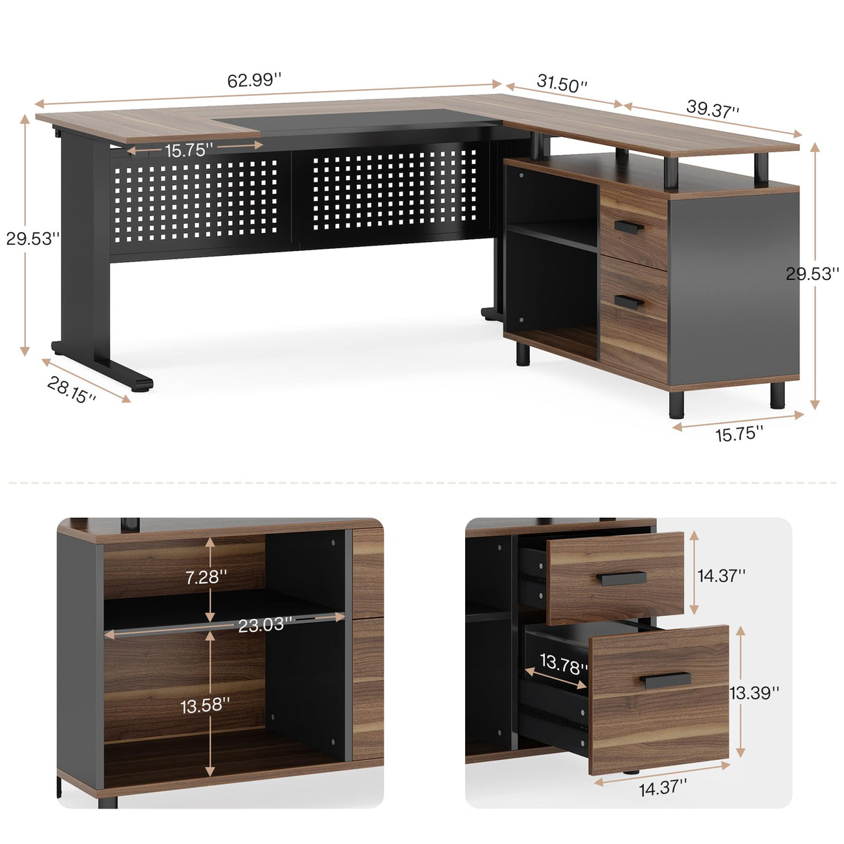 LITTLE TREE Large Computer Desk with File Cabinet, 63 Inch L Shaped Executive Office Desk with Drawers and Storage Shelves, Business Furniture Workstation for Home Office LITTLE TREE