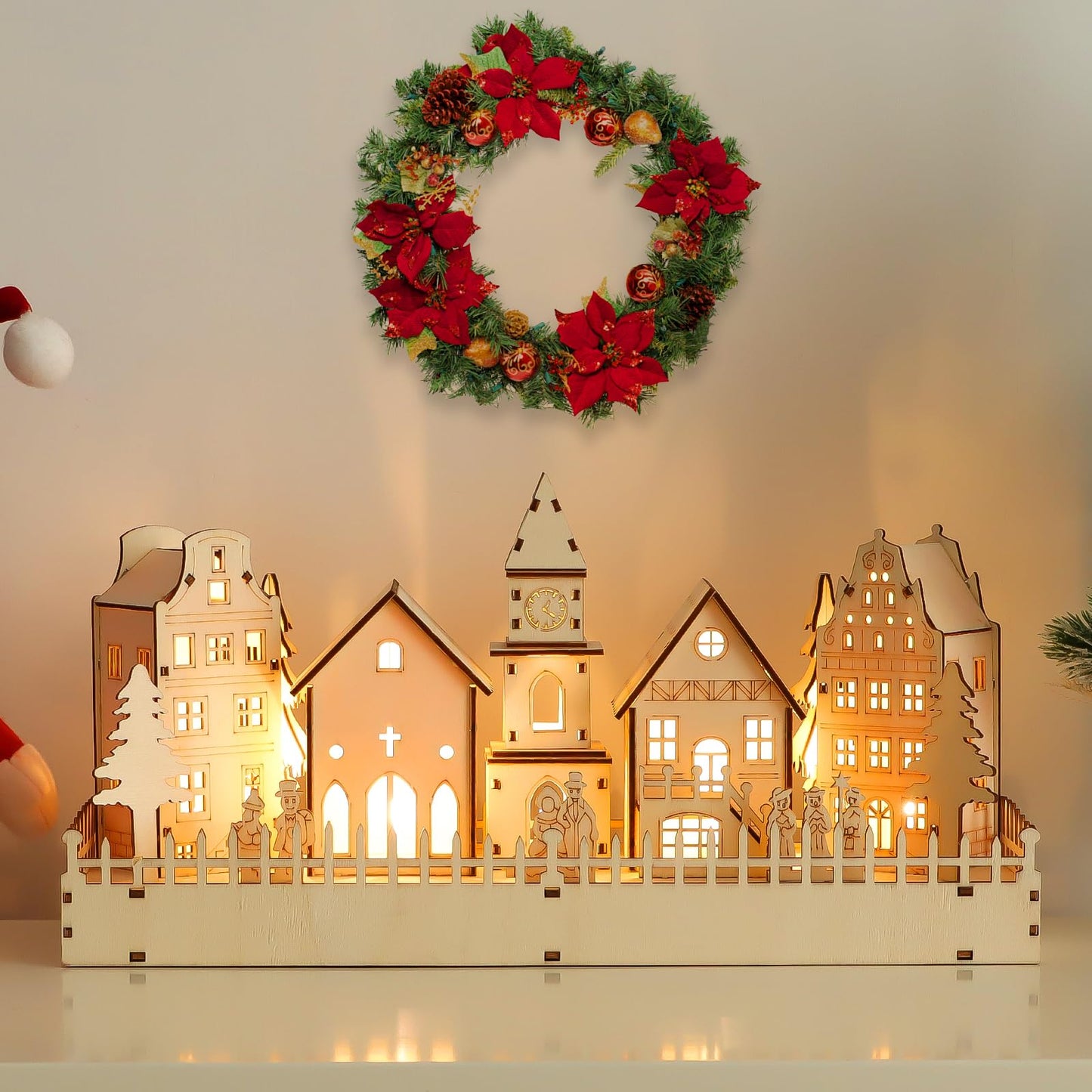 CCINEE Pre-Lit Christmas Village House LED Wooden Christmas Scene House with Lights Battery Operated Luminous Farmhouse Christmas Desktop Decoration for Xmas Party Tabletop Mantle Decor