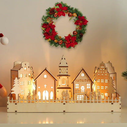 CCINEE Pre-Lit Christmas Village House LED Wooden Christmas Scene House with Lights Battery Operated Luminous Farmhouse Christmas Desktop Decoration for Xmas Party Tabletop Mantle Decor