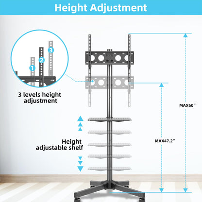 Mobile TV Carts on Wheels for 21-60 Inch Flat/Curved Panel Screens TVs - Height Adjustable Floor Trolley Stand with Shelf Holds up to 77lbs - Max VESA 400x400mm