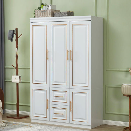 GraceGrove Armoire Wardrobe Closet with 3 Doors and 2 Drawers and Hanging Rail Bedroom Armoires Wood Clothes Storage Cabinet with Metal Handles White 47.3" W x 20.3" D x 74.2" H