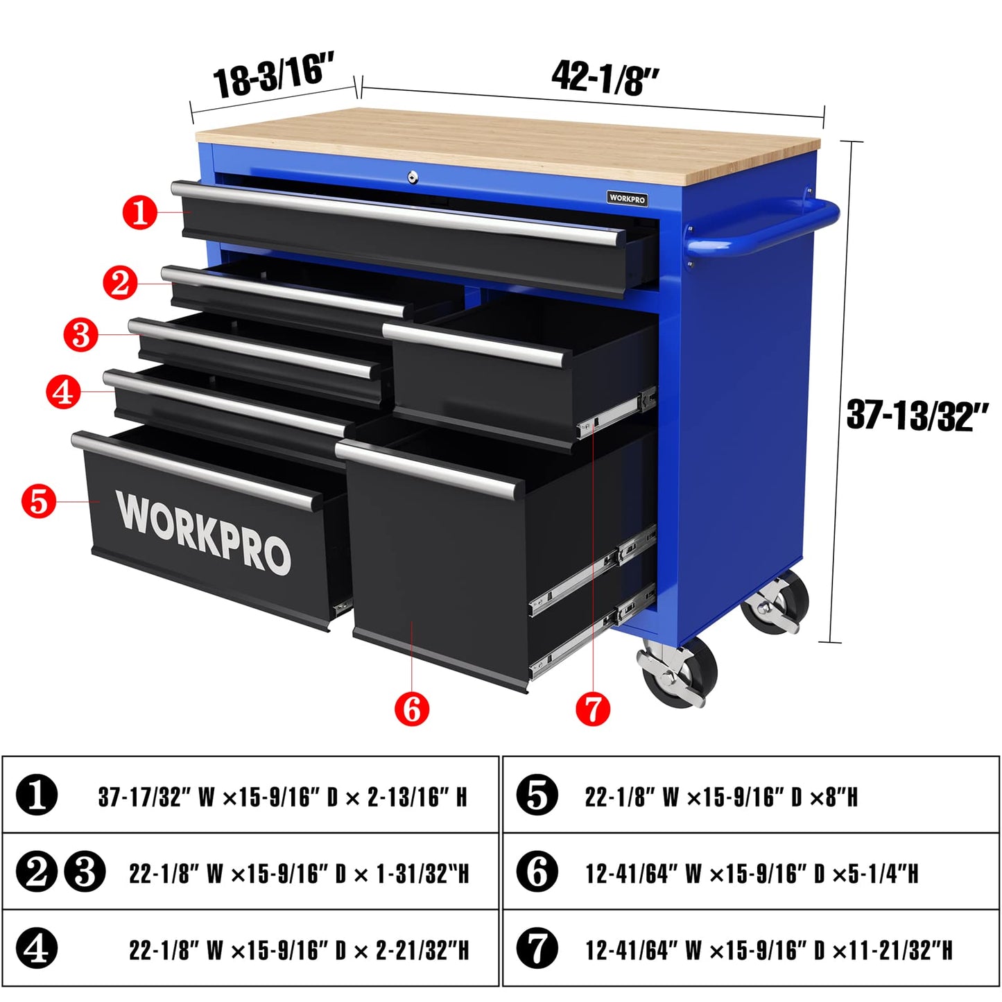 WORKPRO 42-Inch 7-Drawers Rolling Tool Chest, Mobile Tool Storage Cabinet with Wooden Top, Equipped with Casters, Handle, Drawer Liner, and Locking System, 1000 lbs Load Capacity - WoodArtSupply