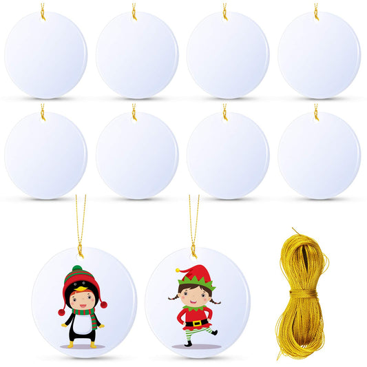 WILLBOND 10 Pieces Christmas Sublimation Ceramic Ornament Blank Ceramic Hanging Disc Ornament Porcelain Round Decoration Personalized Christmas Tree Sublimation Pendant for DIY Holiday Decor, 3 Inch