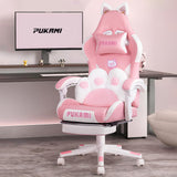 PUKAMI Pink Gaming Chair Cute with Cat Ears and Cat Paw Lumbar Cushion, Ergonomic Computer Chair for Girl with Footrest and Headrest, Comfortable Reclining PC Game Chair for Adult, Teen, Pink PUKAMI