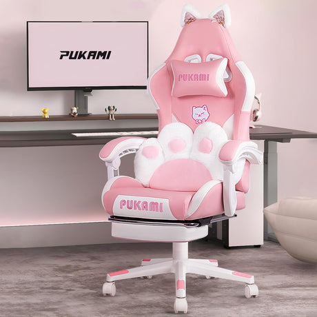 PUKAMI Pink Gaming Chair Cute with Cat Ears and Cat Paw Lumbar Cushion, Ergonomic Computer Chair for Girl with Footrest and Headrest, Comfortable Reclining PC Game Chair for Adult, Teen, Pink PUKAMI