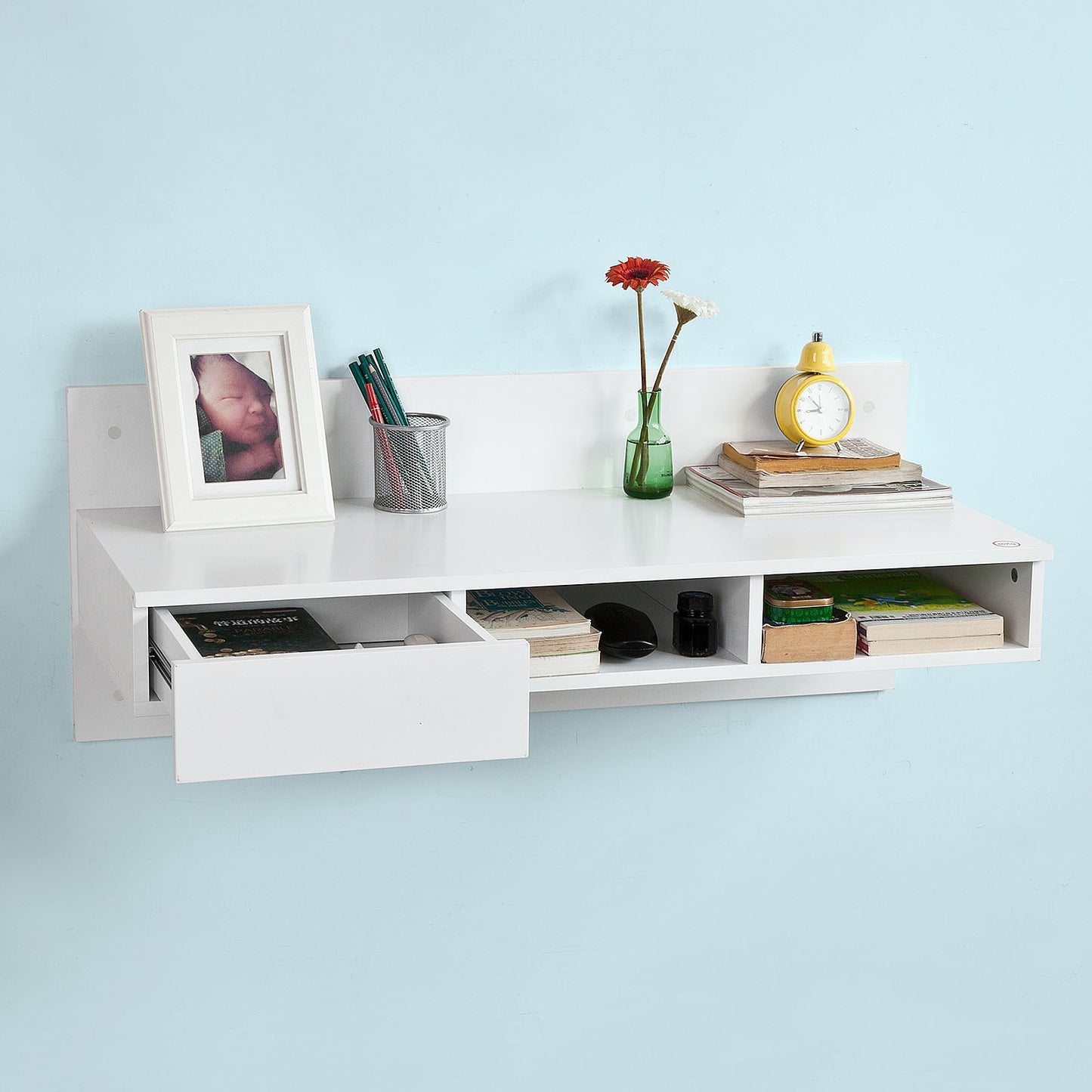 Haotian Wall-Mounted Folding Drop-Leaf Table with Storage Shelves - White - WoodArtSupply