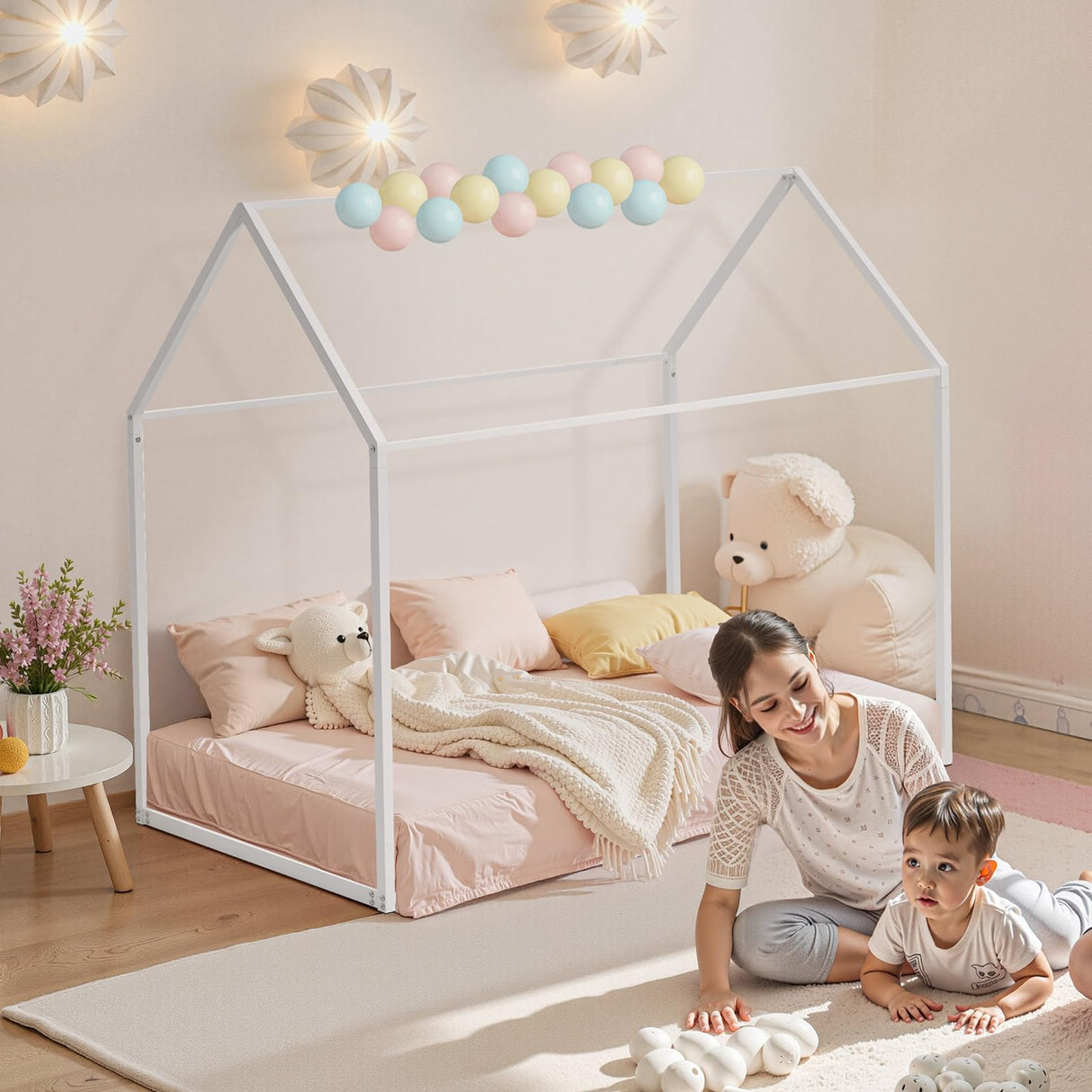 VEVOR Twin Size House Bed Frame, Metal Kids Floor Bed Frame with Roof, Heavy Duty Steel Slats Support, House Shape Bedframe for Girls and Boys, No Box Spring Needed, Easy Assembly, White VEVOR