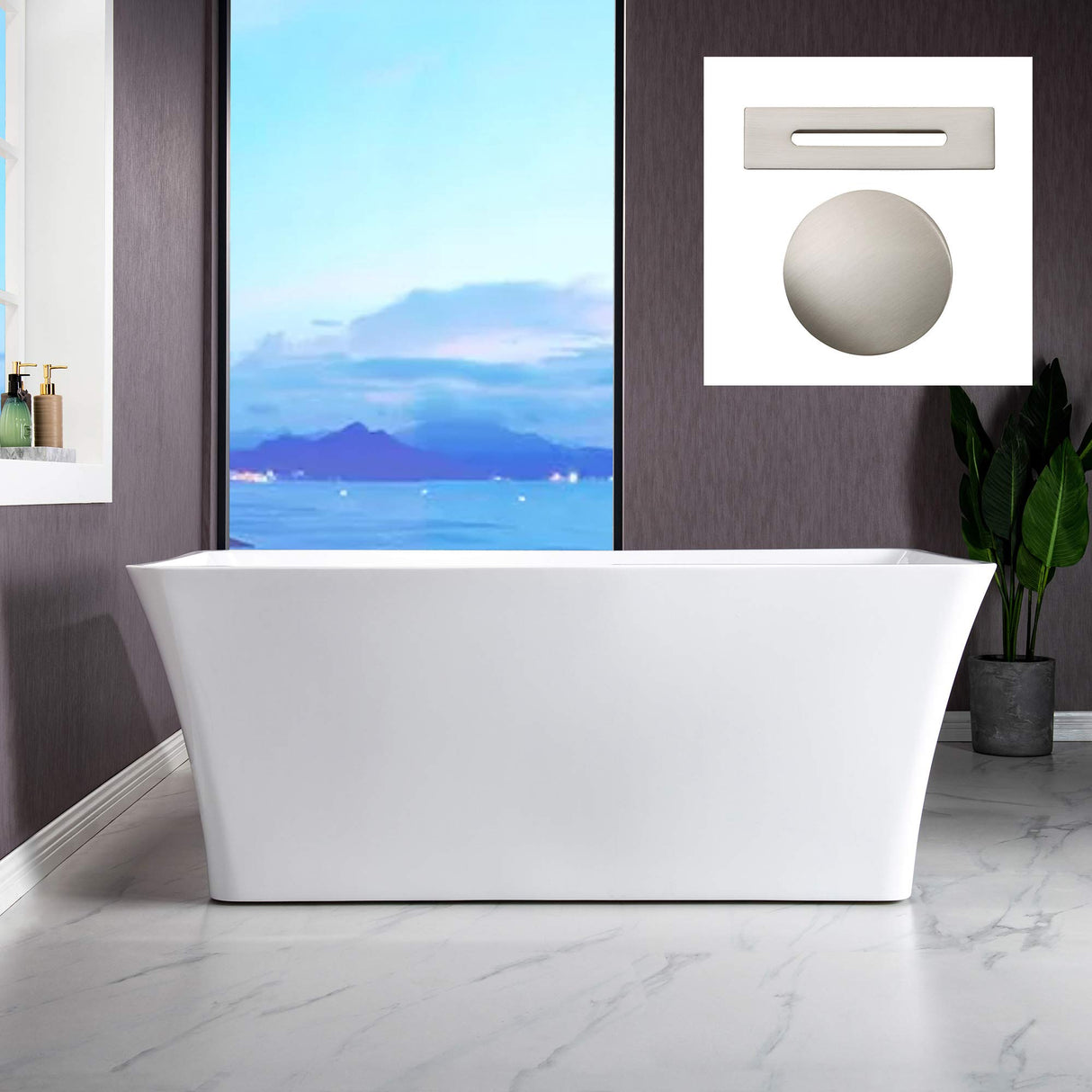 WOODBRIDGE 59" Acrylic Freestanding Bathtub Contemporary Soaking White Tub with Brushed Nickel Overflow and Drain，BTA1509 -B/N-Drain &O WOODBRIDGE