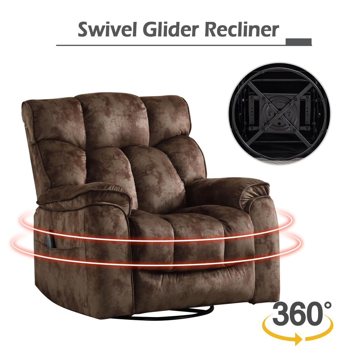 INZOY Oversized Rocker Recliner with Heat and Vibration, Manual Swivel Rocking Chair with Vibrating Massage, Comfy Padded Overstuffed Soft Fabric Heated Recliner, Brown INZOY