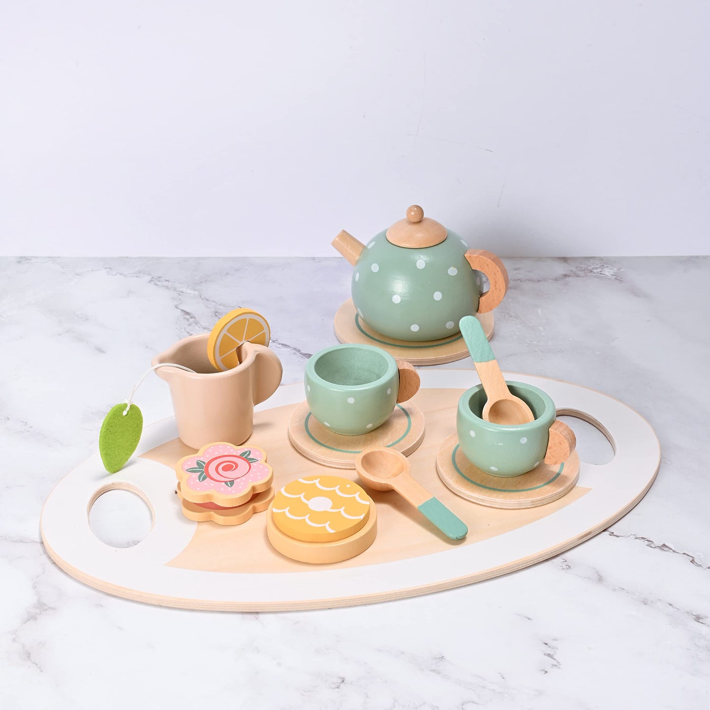 15pcs Wooden Tea Set for Little Girls, MONT PLEASANT Wooden Toys, Toddler Tea Set Play Kitchen Accessories Play Food playset for Kids Tea Party - WoodArtSupply