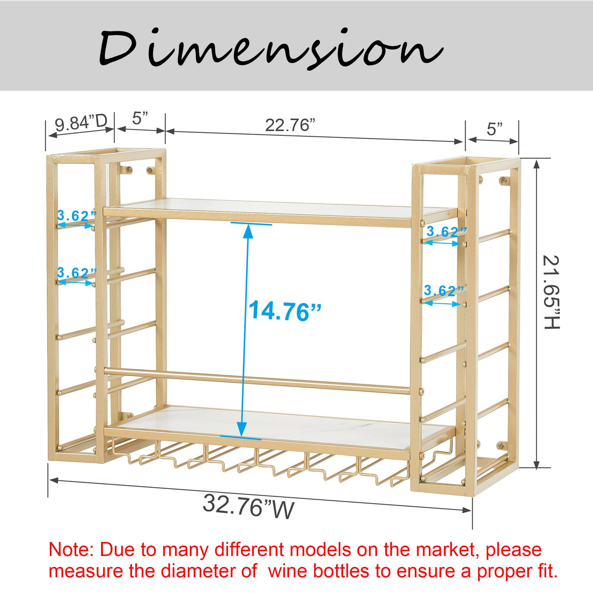 GOLASON Wall Mounted Wine Rack with Glass Holder, Metal Bottle Holder Wine Storage Display Shelf for Home Bar Dining Room Kitchen (31.5 Inch, Gold) GOLASON