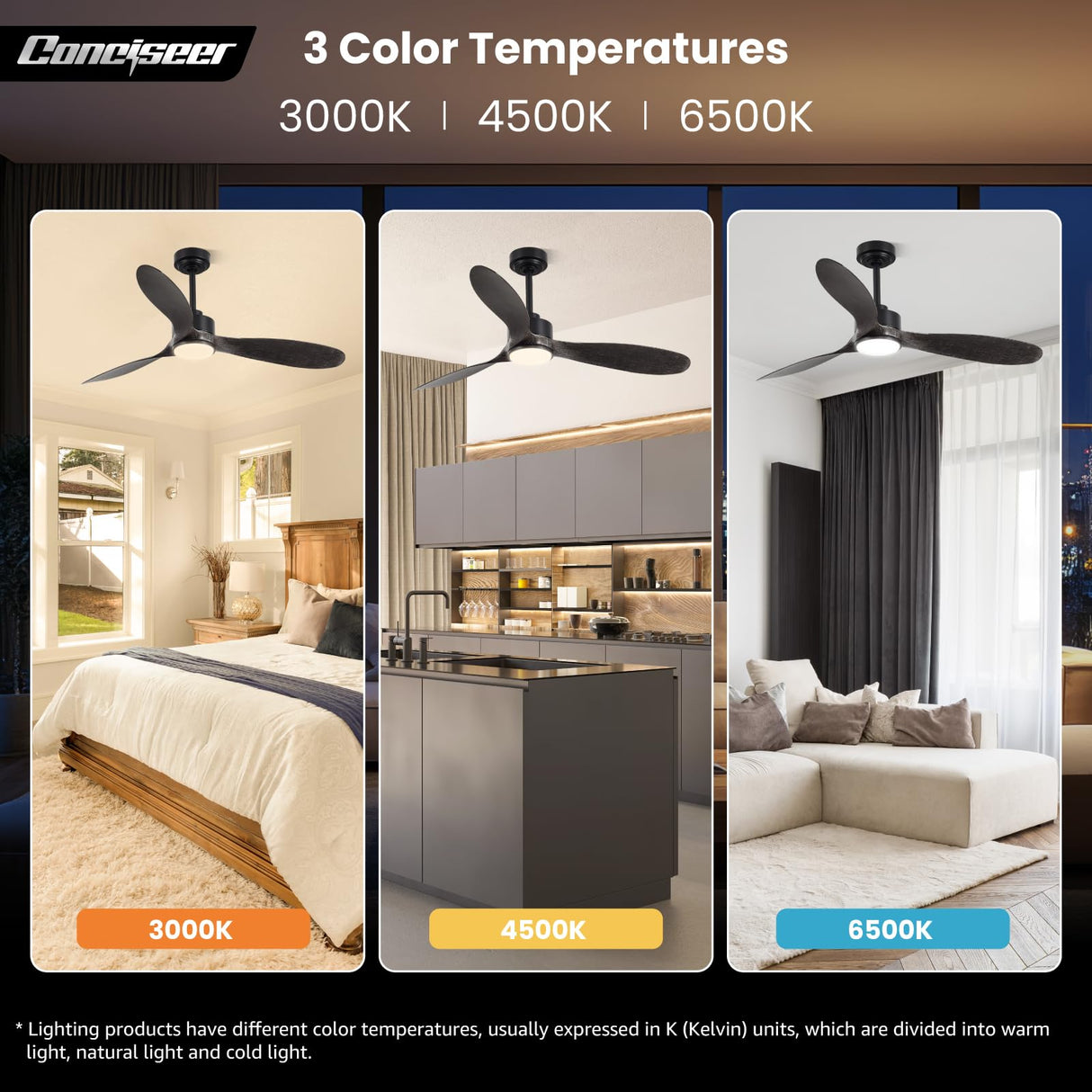 Wood Ceiling Fans with Lights, 52 Inch Ceiling Fans with Light and Remote for Bedroom Living Room Kitchen Office, Indoor/Outdoor Use, 3CCT Dimmable, 3 Blades 6 Speed Reversible Quiet DC Motor, Black Conciseer