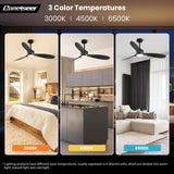 Wood Ceiling Fans with Lights, 52 Inch Ceiling Fans with Light and Remote for Bedroom Living Room Kitchen Office, Indoor/Outdoor Use, 3CCT Dimmable, 3 Blades 6 Speed Reversible Quiet DC Motor, Black Conciseer
