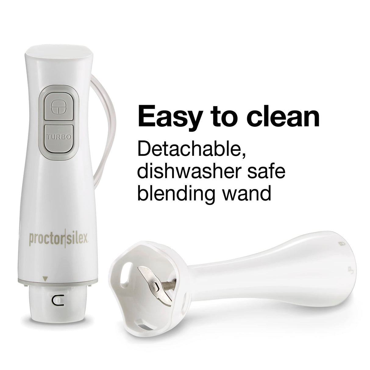 Proctor Silex Electric Immersion Hand Blender with Detachable Dishwasher Safe Handheld Blending Stick, 2-Speeds, 150 Watts, White (59739) Proctor Silex