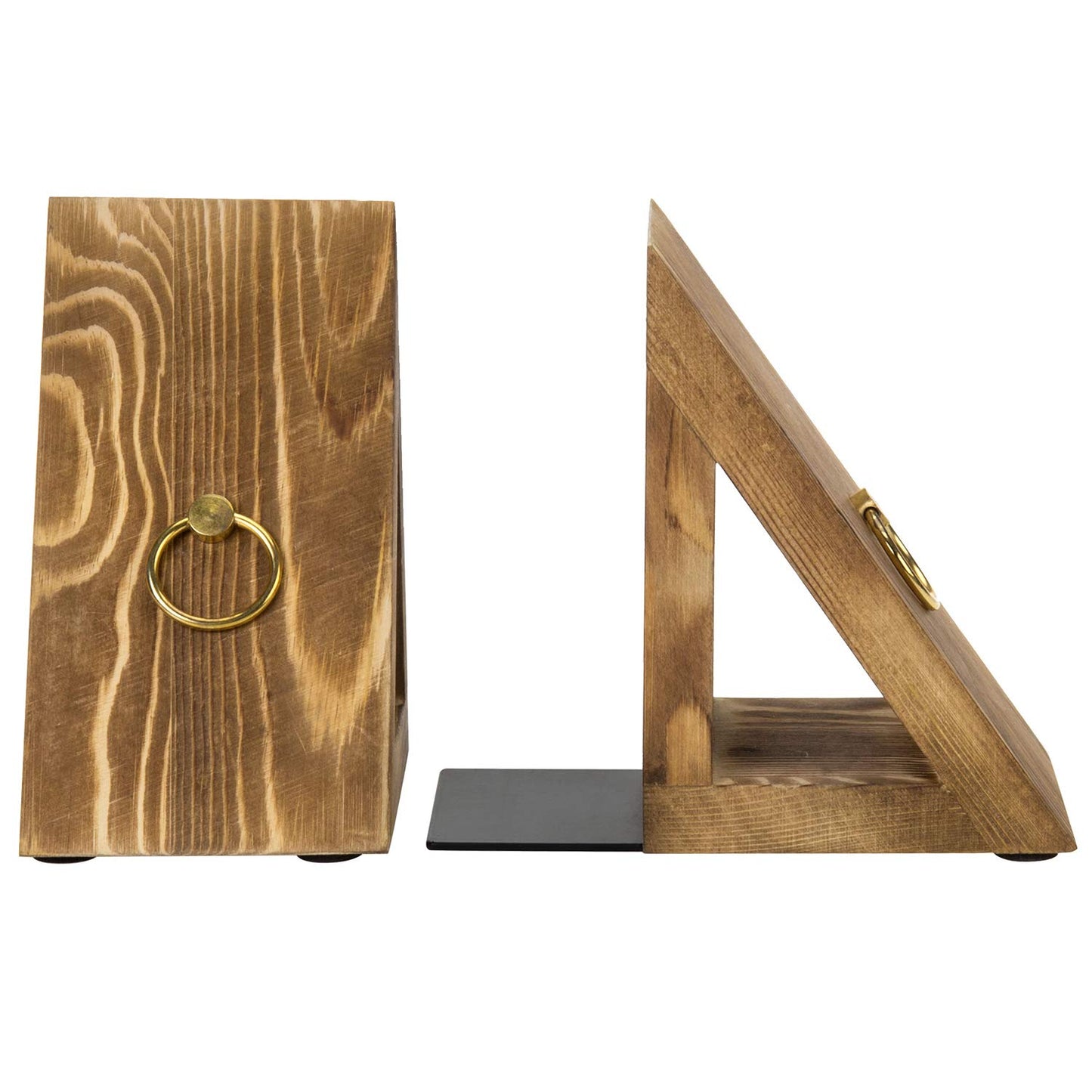 MyGift Rustic Burnt Wood Decorative Bookends with Triangular Design, Office Desk Wooden Bookend Book Stand with Brass Tone Ring Accent, 1 Pair