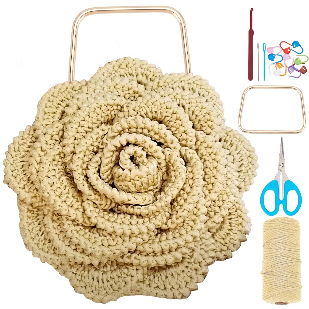BEUNITONE DIY Macrame Flower Bag Kit for Beginners Yellow Crochet Flower Bag for Women Boho Macrame Handbag Making Kit Handmade Macrame Tote Bag Kit Crochet Kits for Summer Beach with Instructions BEUNITONE
